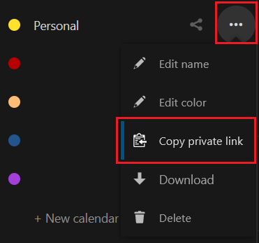 Copier l'URL privée d'un calendrier depuis l'interface web Nextcloud